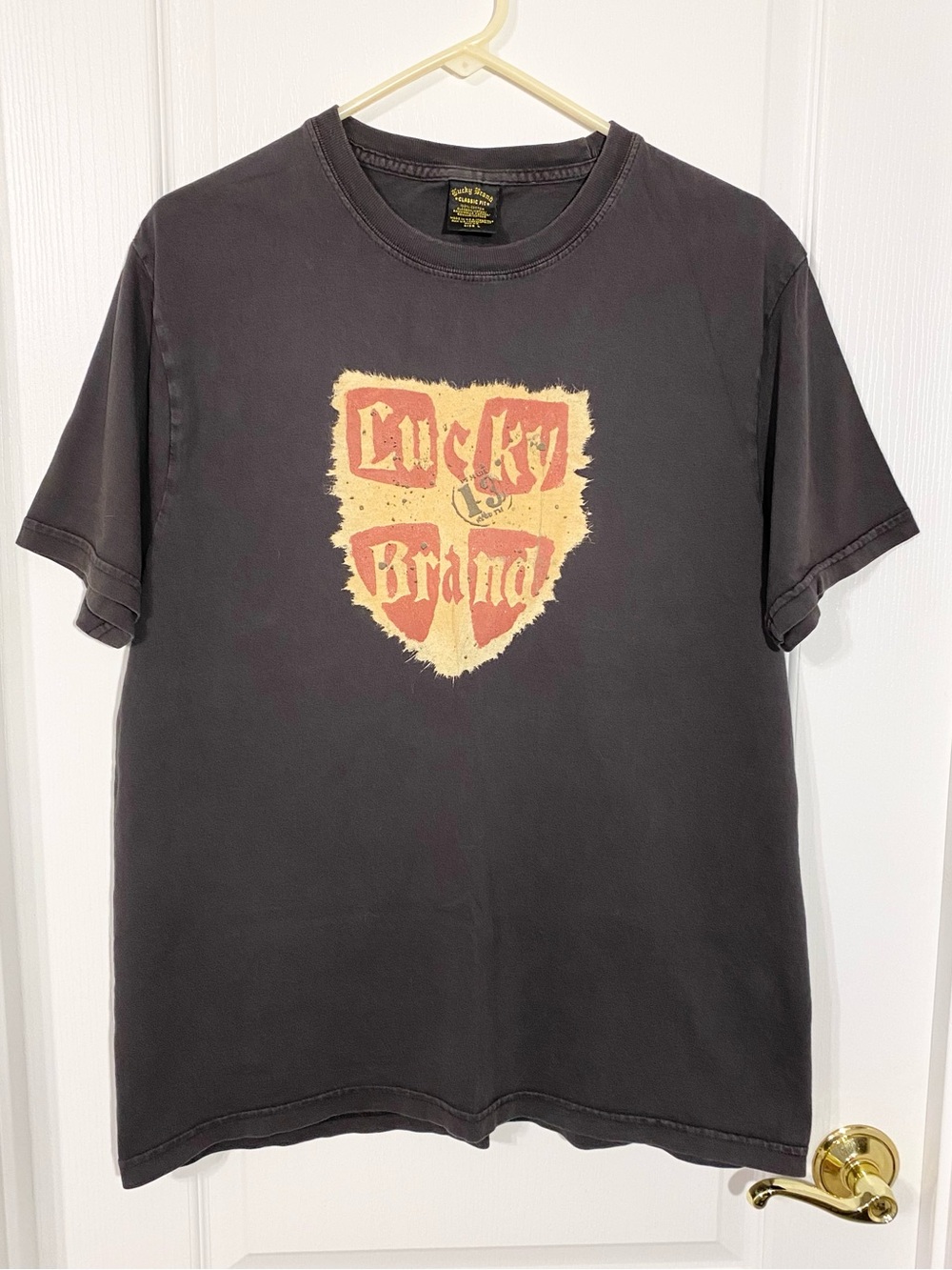 Y2K VTG Lucky Brand 13 Shield Logo Tee USA MADE Charcoal Men’s Large
